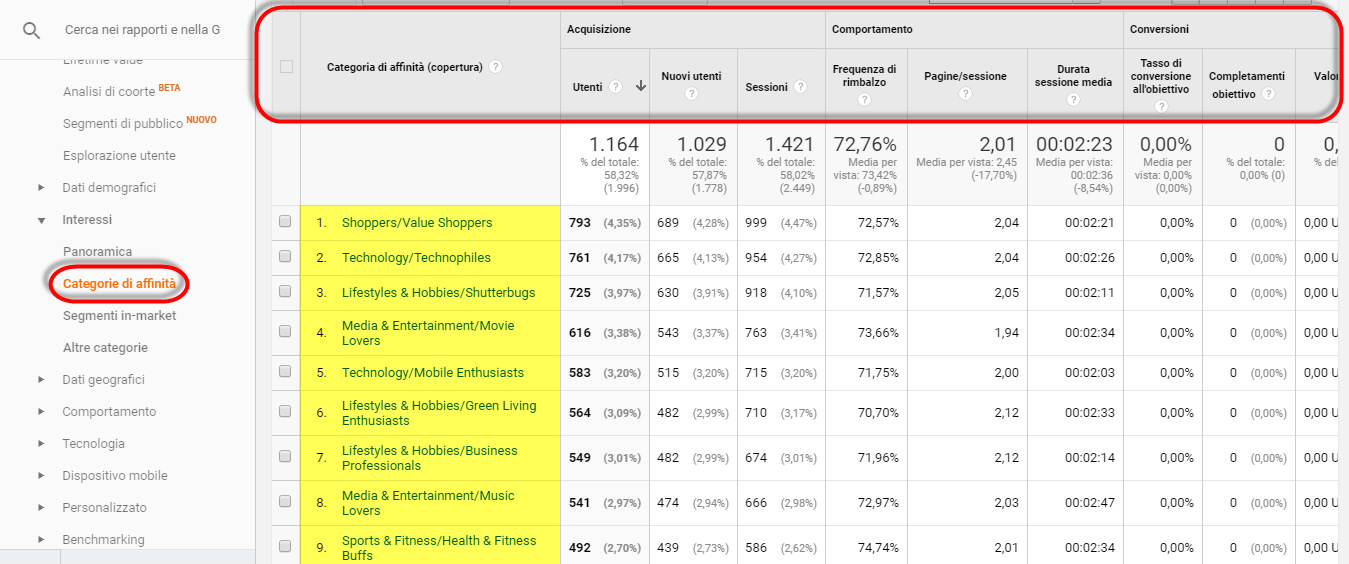 rapporti interessi google analytics
