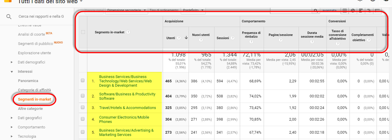 rapporti interessi google analytics