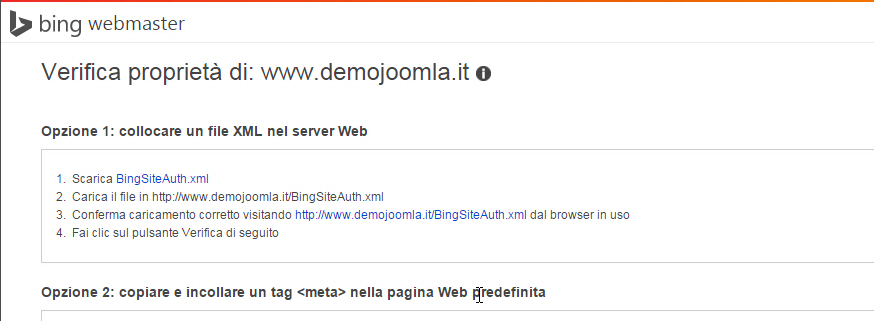 bing webmaster verifica proprieta
