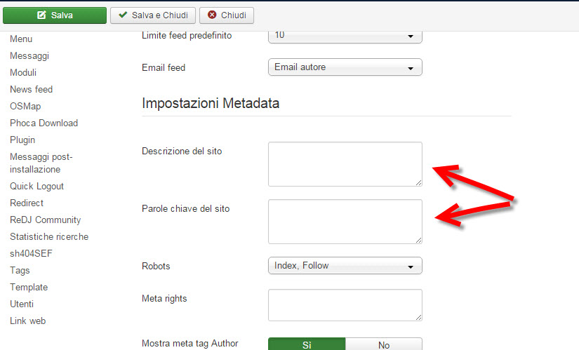 impostazioni metadata joomla
