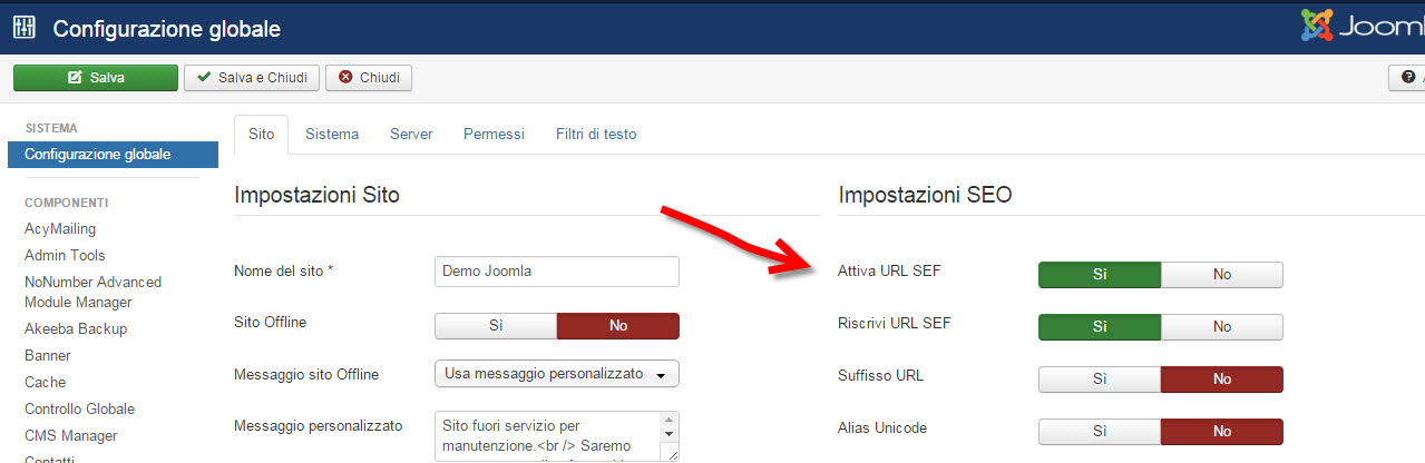 impostazioni seo joomla