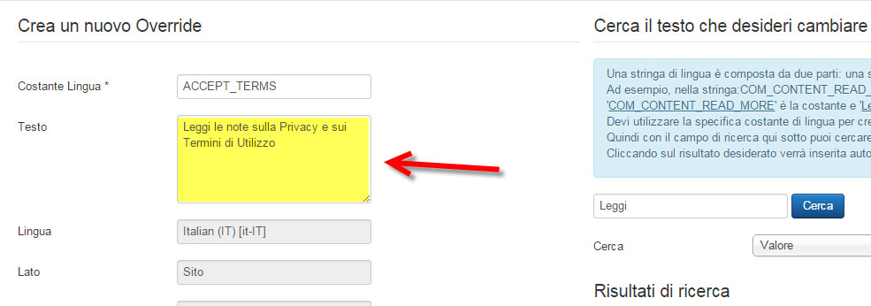 Modifica ovveride lingua joomla