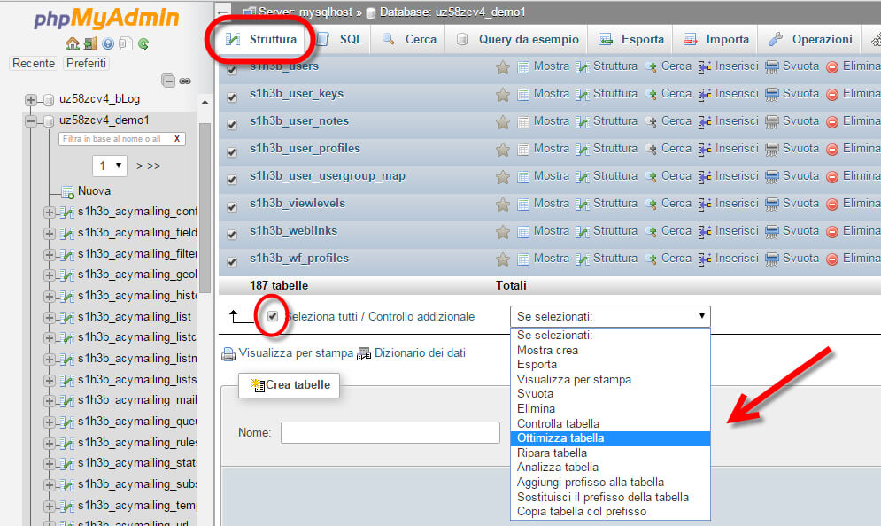 ottimizza tabelle database joomla