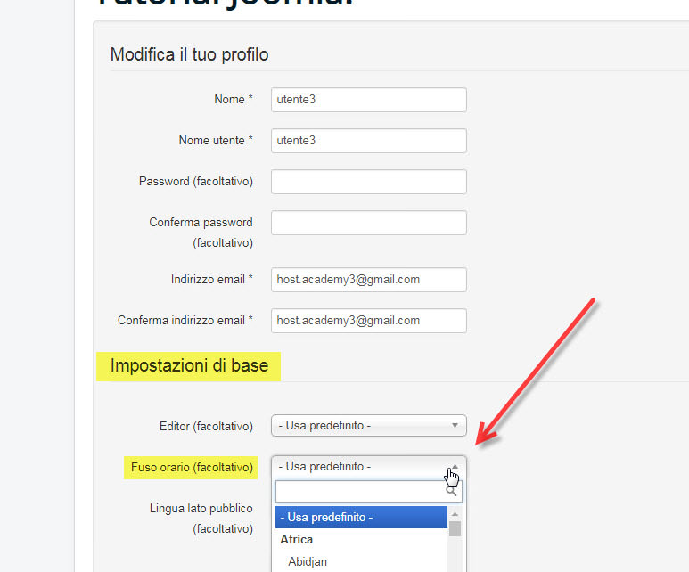 fuso orario sito joomla