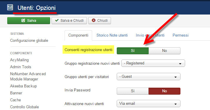 registrazione utenti joomla