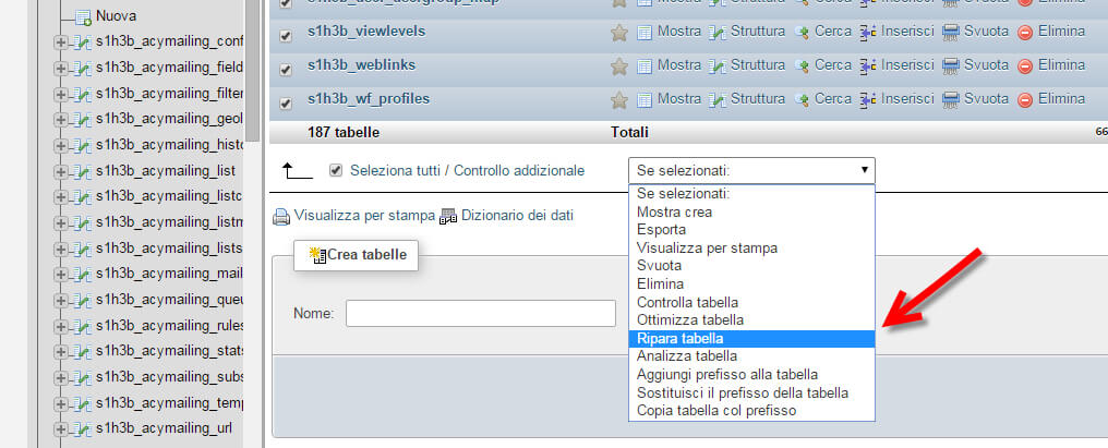 ripara tabelle database