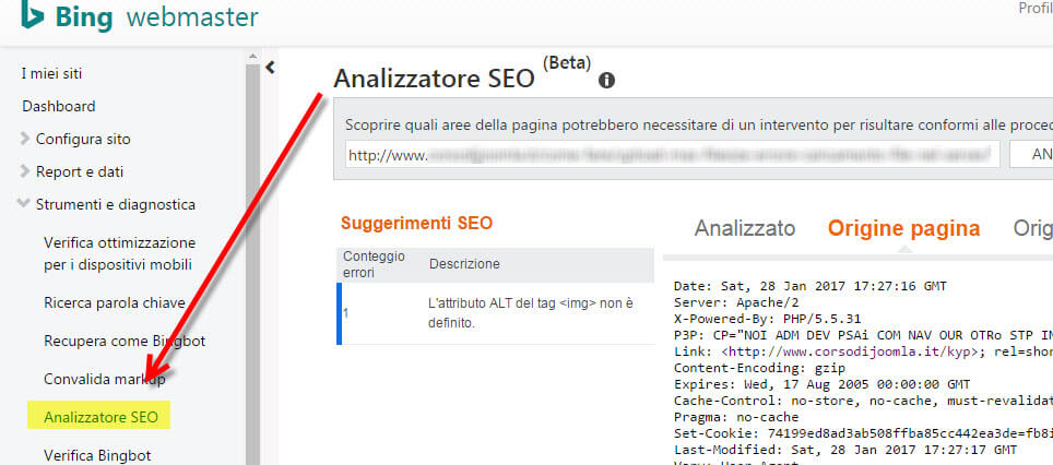 Analizzatore SEO Bing
