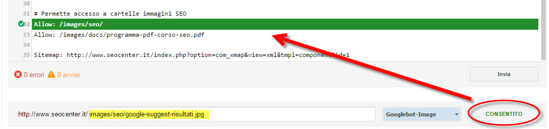 Tester dei file robots.txt di Strumenti per Webmaster di Google