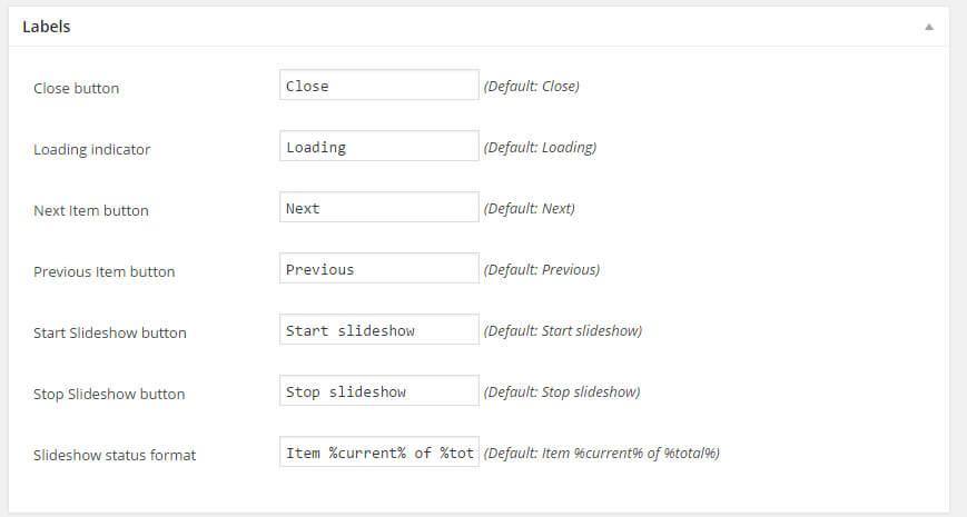 Simple lightbox opzioni labels
