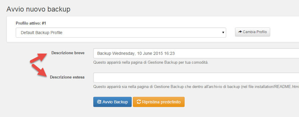 Akeeba Backup WordPress avvio backup