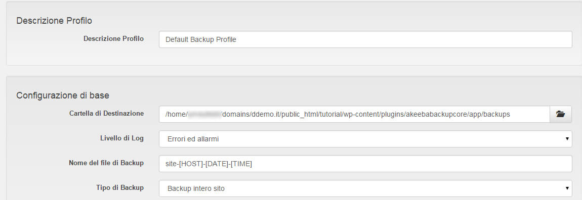 Akeeba Backup WordPress configurazione