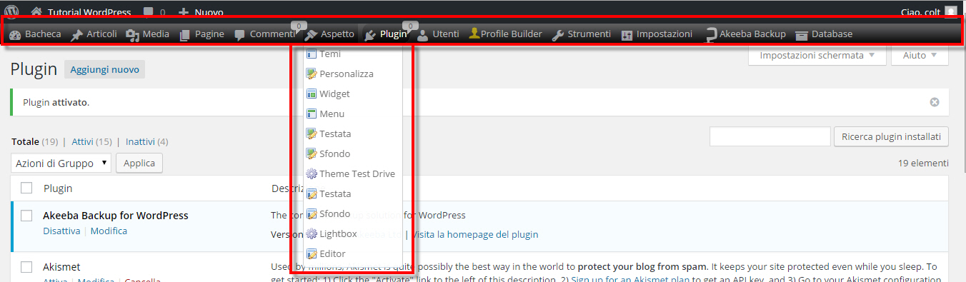 barra orizzontale backend wordpress 