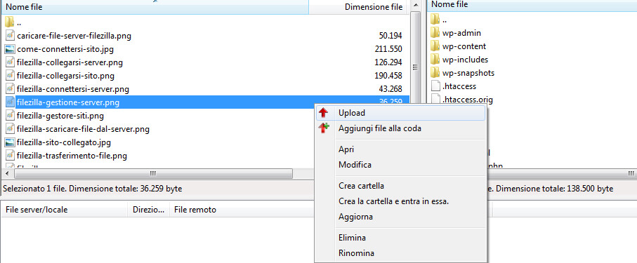 Trasferire file nel server via FTP