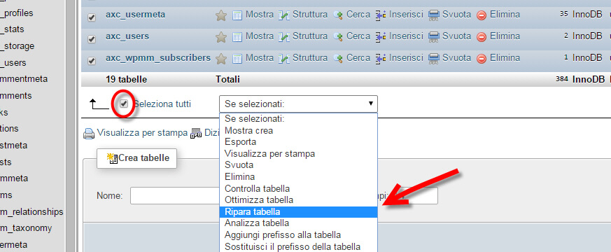 ottimizzazione database phpmyadmin 