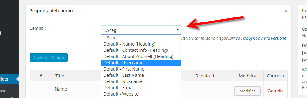 profile builder aggiunta campi