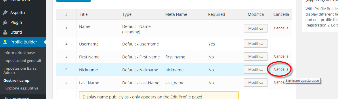 profile builder cancellazione campi