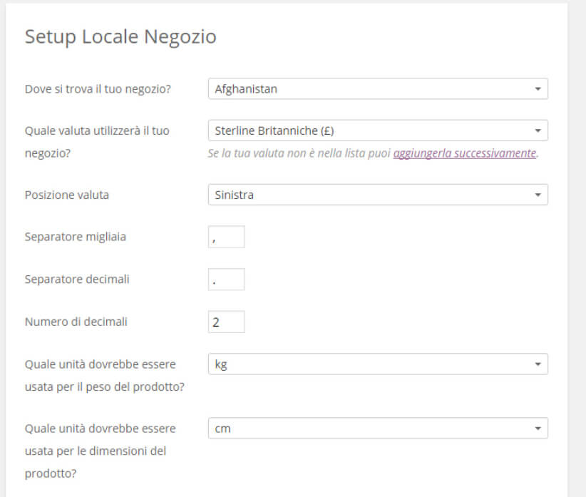 setup locale negozio