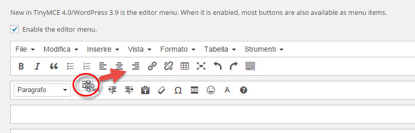 Tinymce Advanced spostare pulsanti editor