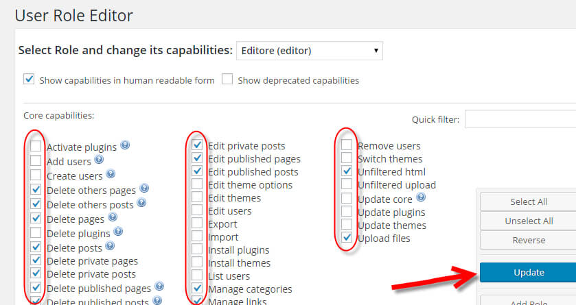 user role editor wordpress gestione permessi ruoli