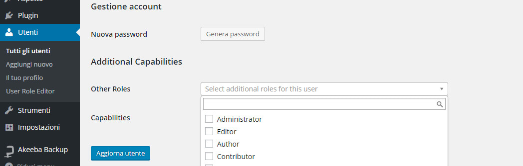 user role editor wordpress gestione permessi ruoli