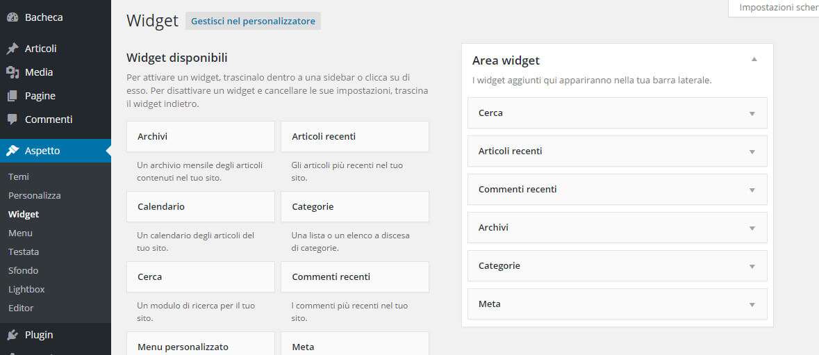 Widget context WordPress sezione widget