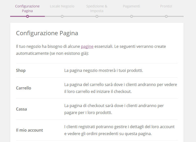 woocommerce configurazione pagina