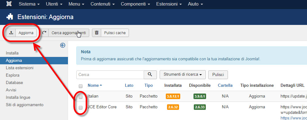 aggiornare estensioni joomla