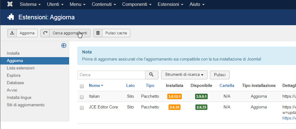 Aggiornare le estensioni in Joomla 3